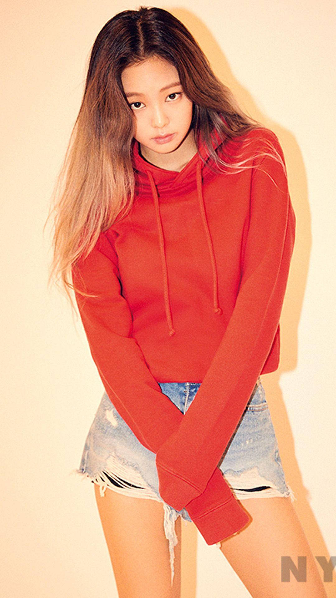 Jennie Kim In Red Hoodie Background