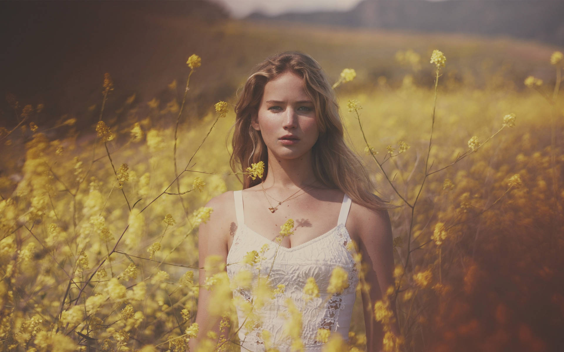 Jennifer Lawrence Field Of Yellow Flowers Background