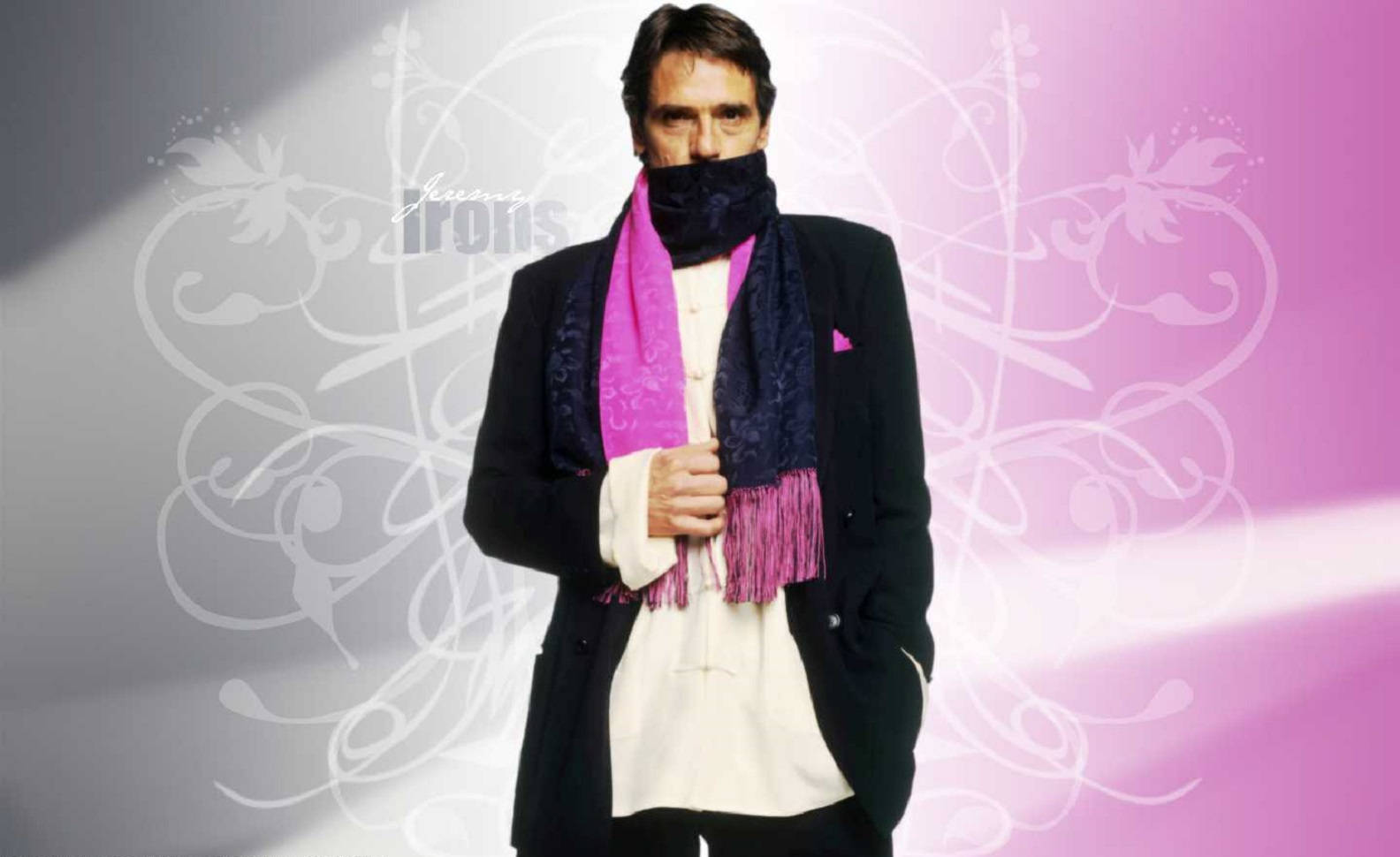 Jeremy Irons With Pink Scarf Background