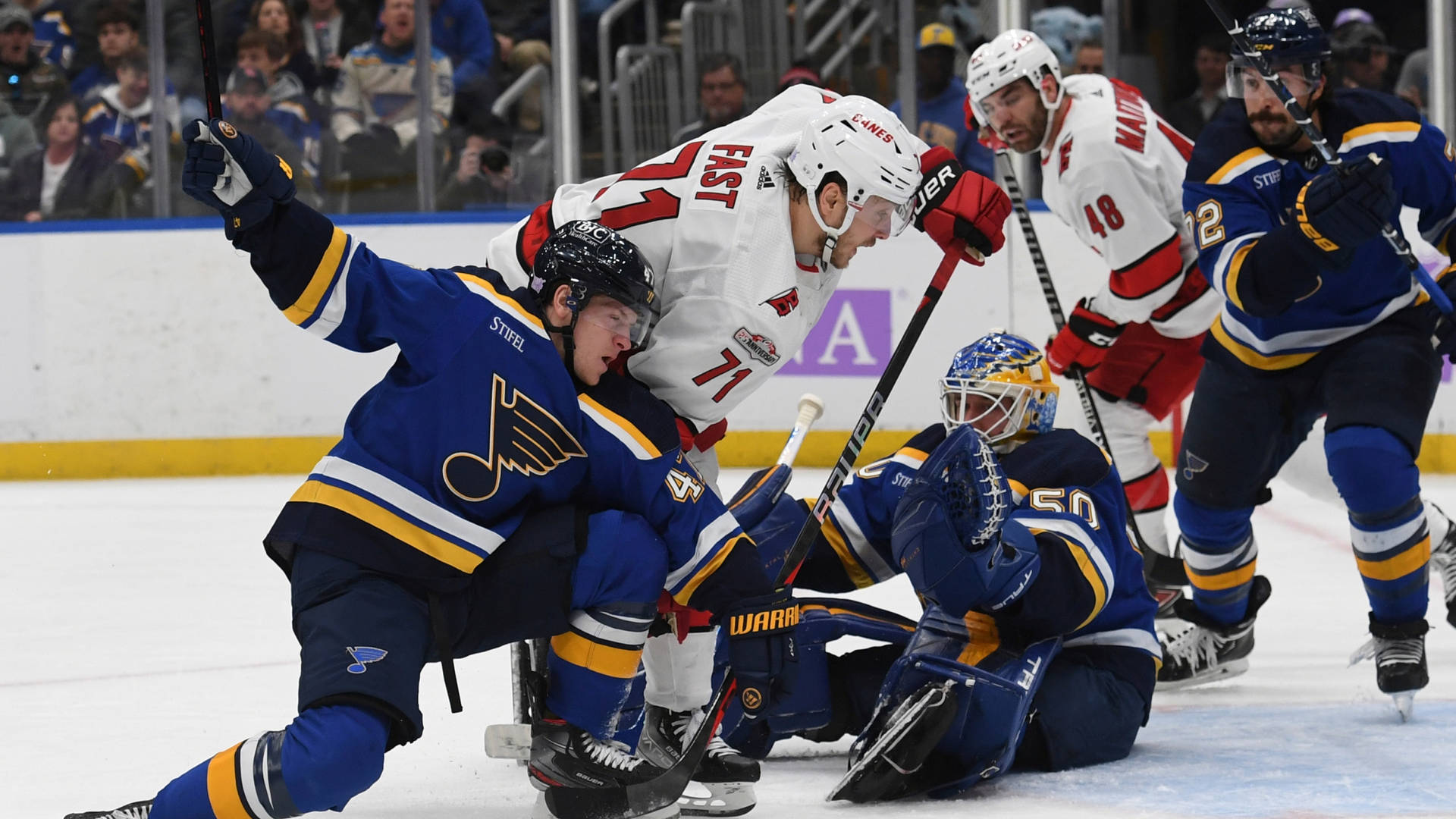 Jesper Fast Blocked By Torey Krug And Jordan Binnington