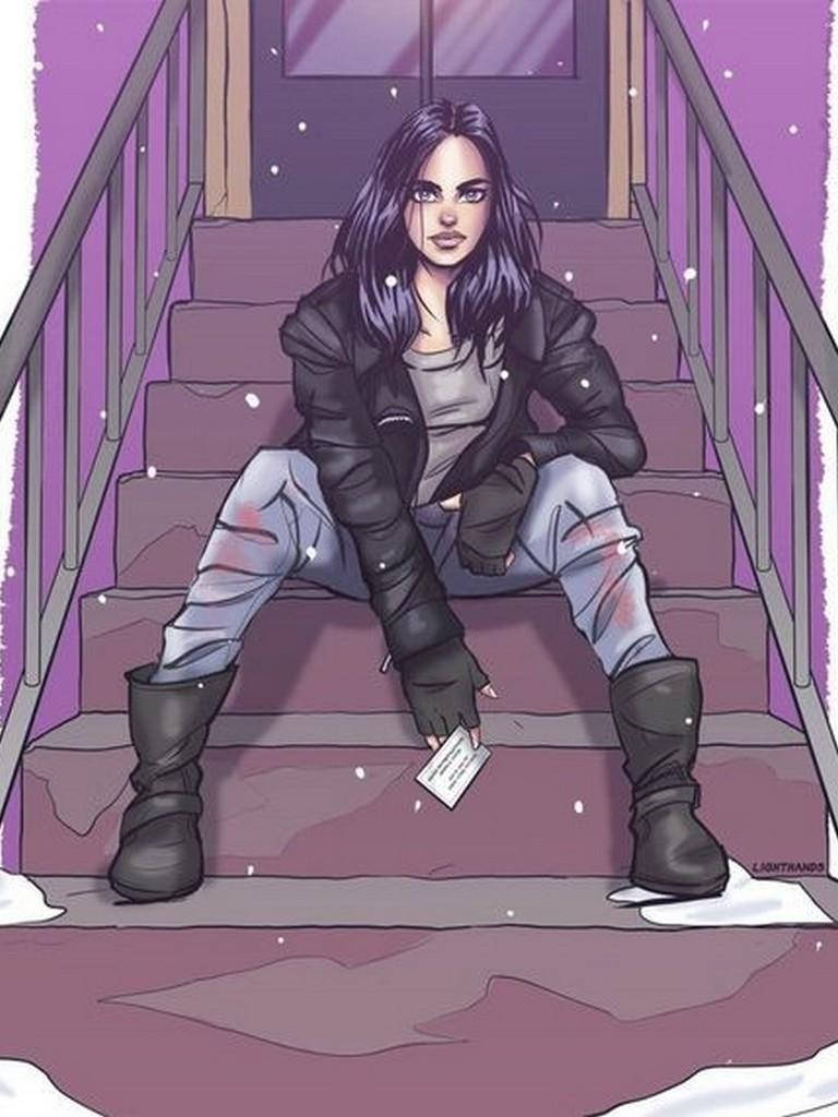 Jessica Jones Cartoon In Stairs Background