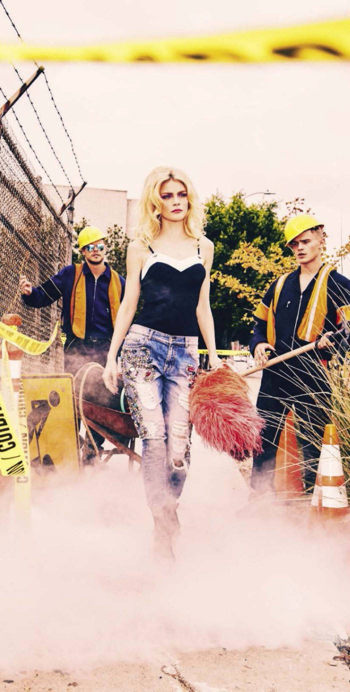 Jessica Stam With Construction Workers Background
