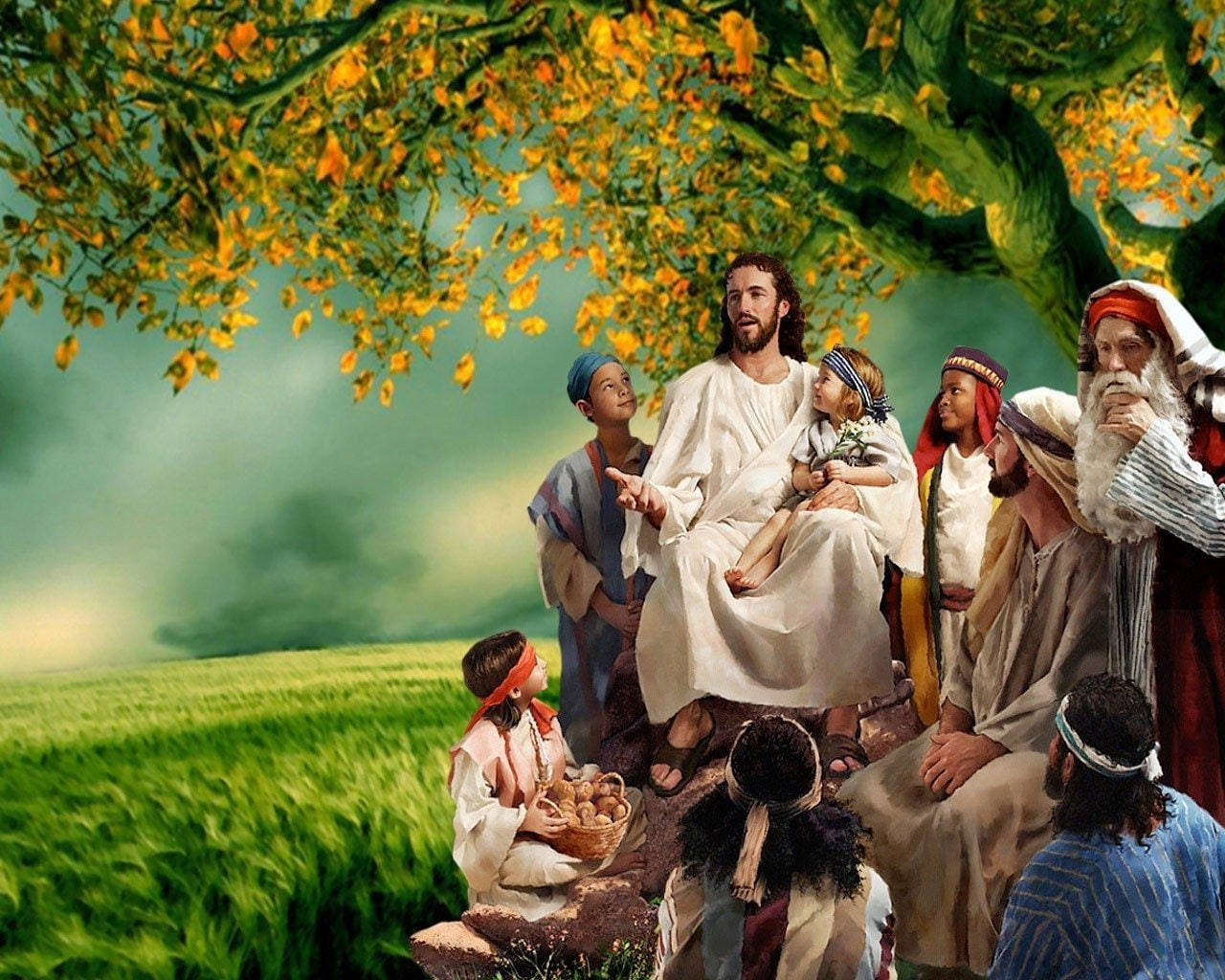Jesus Christ Preaching In Garden Background