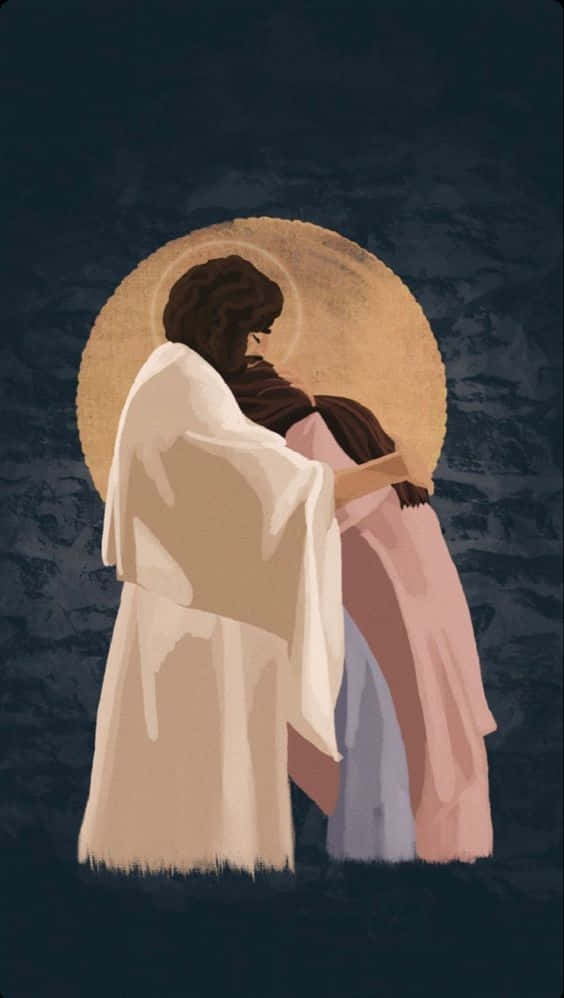 Jesus Hugging A Woman In The Dark Background