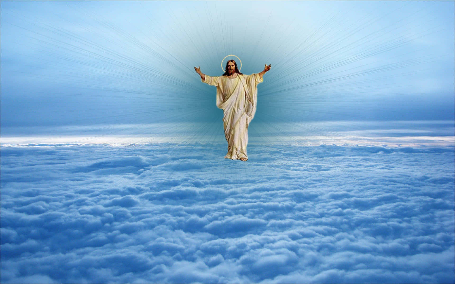 Jesus In Heaven Above Thick Sea Of Clouds Background