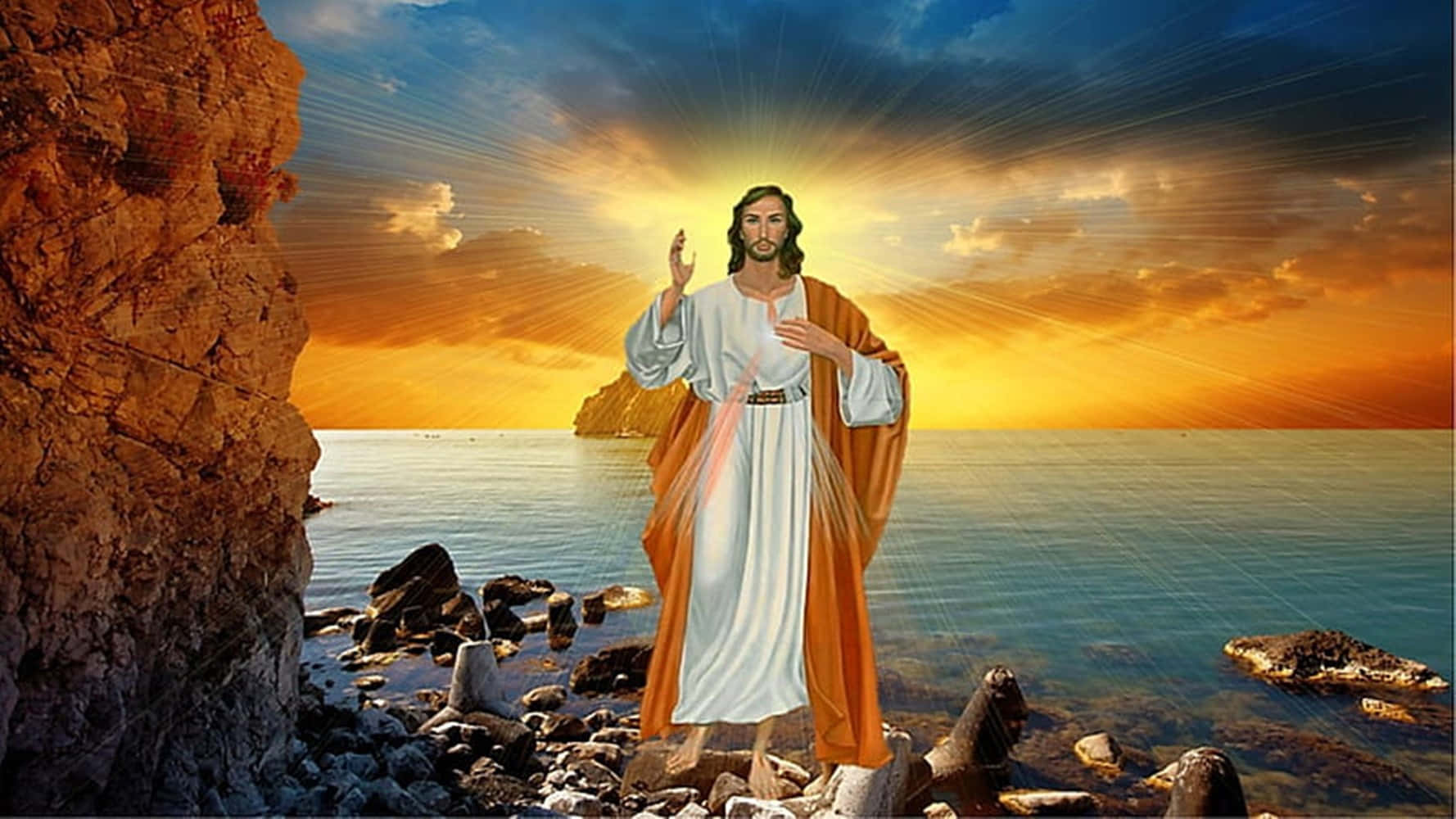 Jesus In Heaven Against Golden Sunset Background