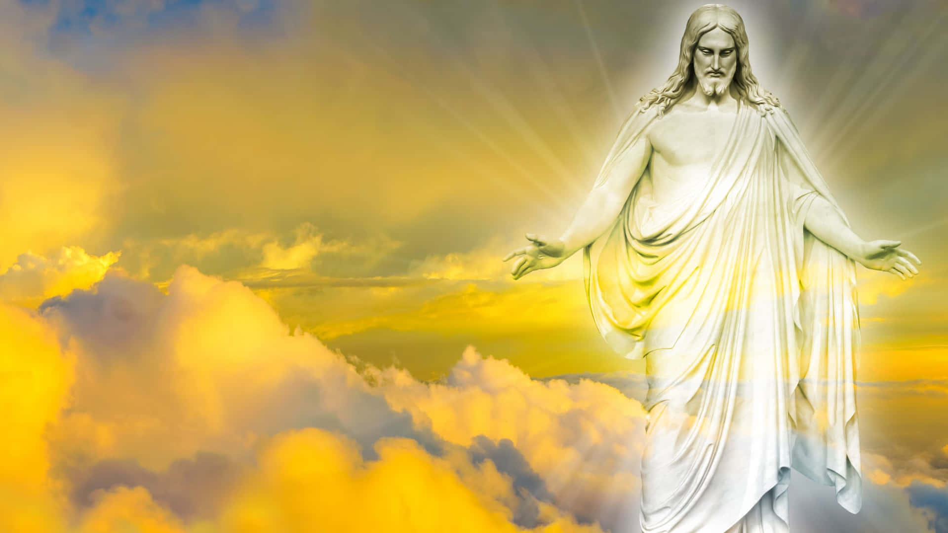 Jesus In Heaven And Golden Thick Clouds Background
