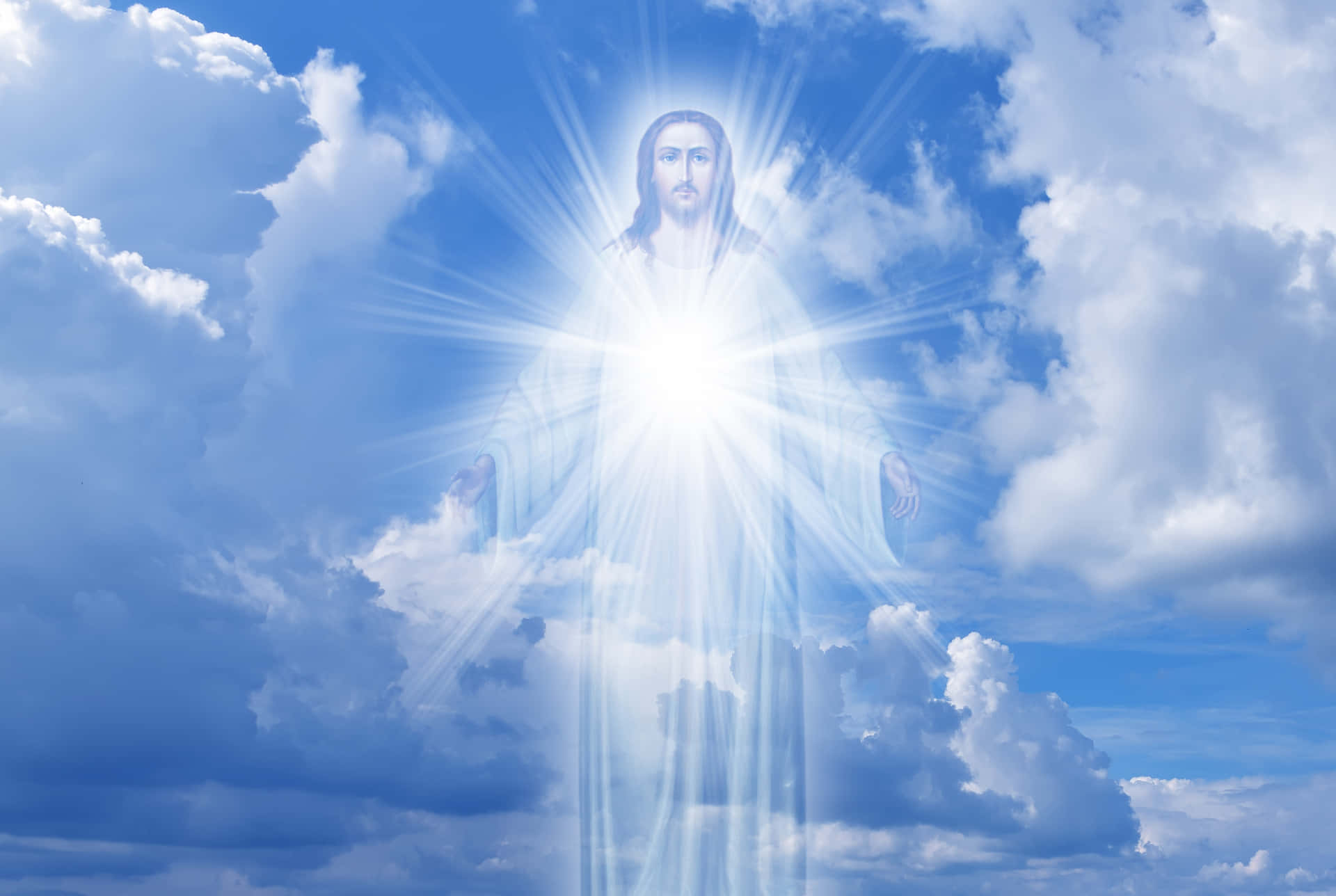 Jesus In Heaven Hologram Against Blue Sky Background