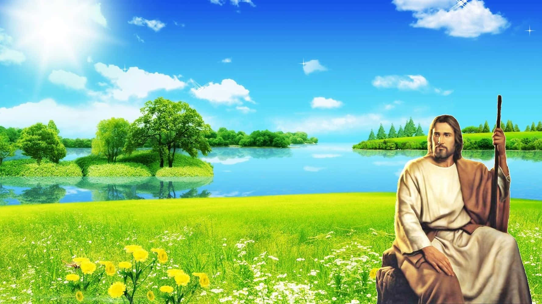 Jesus In Heaven Sitting Against Green Landscape Background