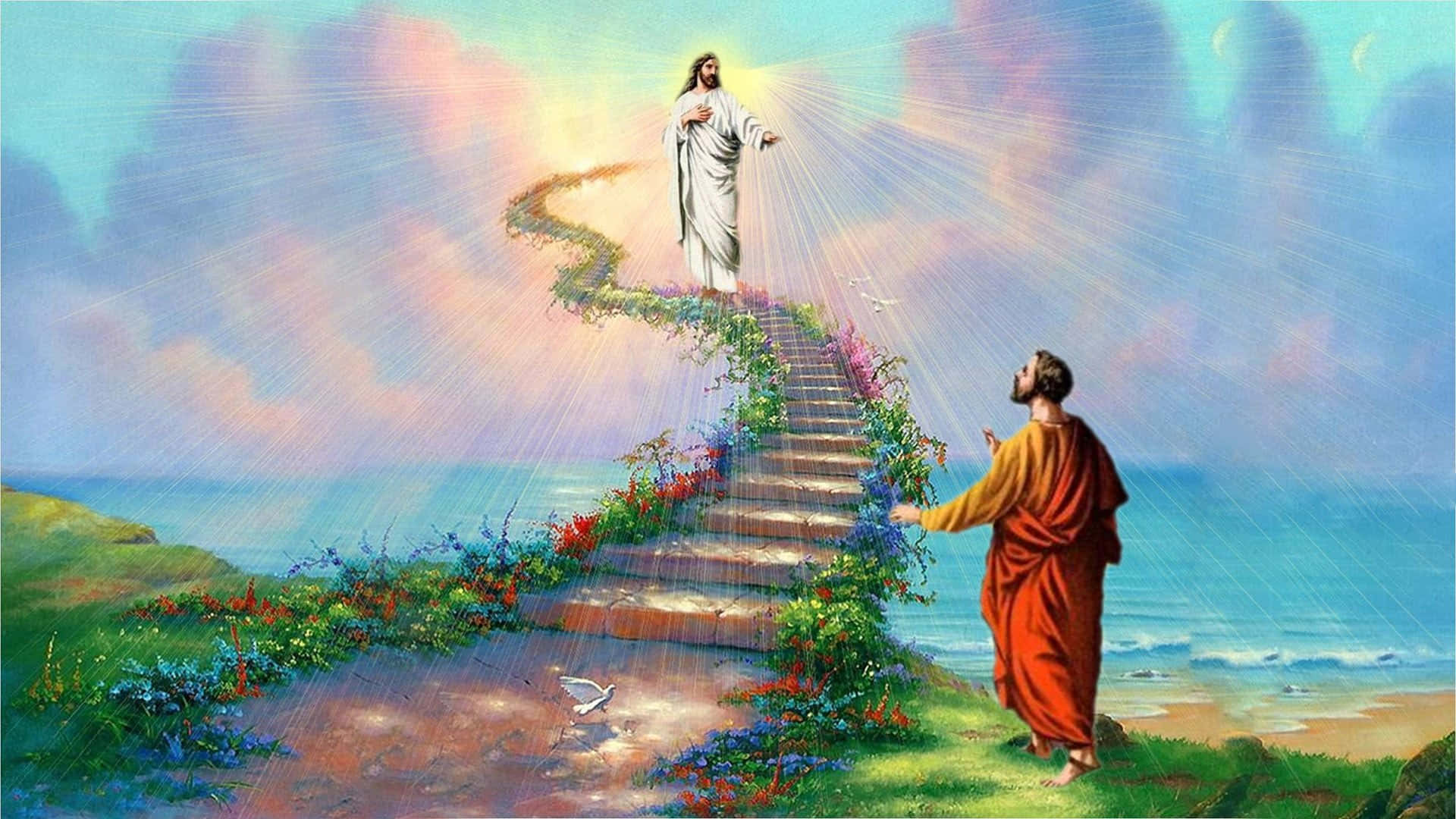 Jesus In Heaven Walks On Beautiful Stairs Background