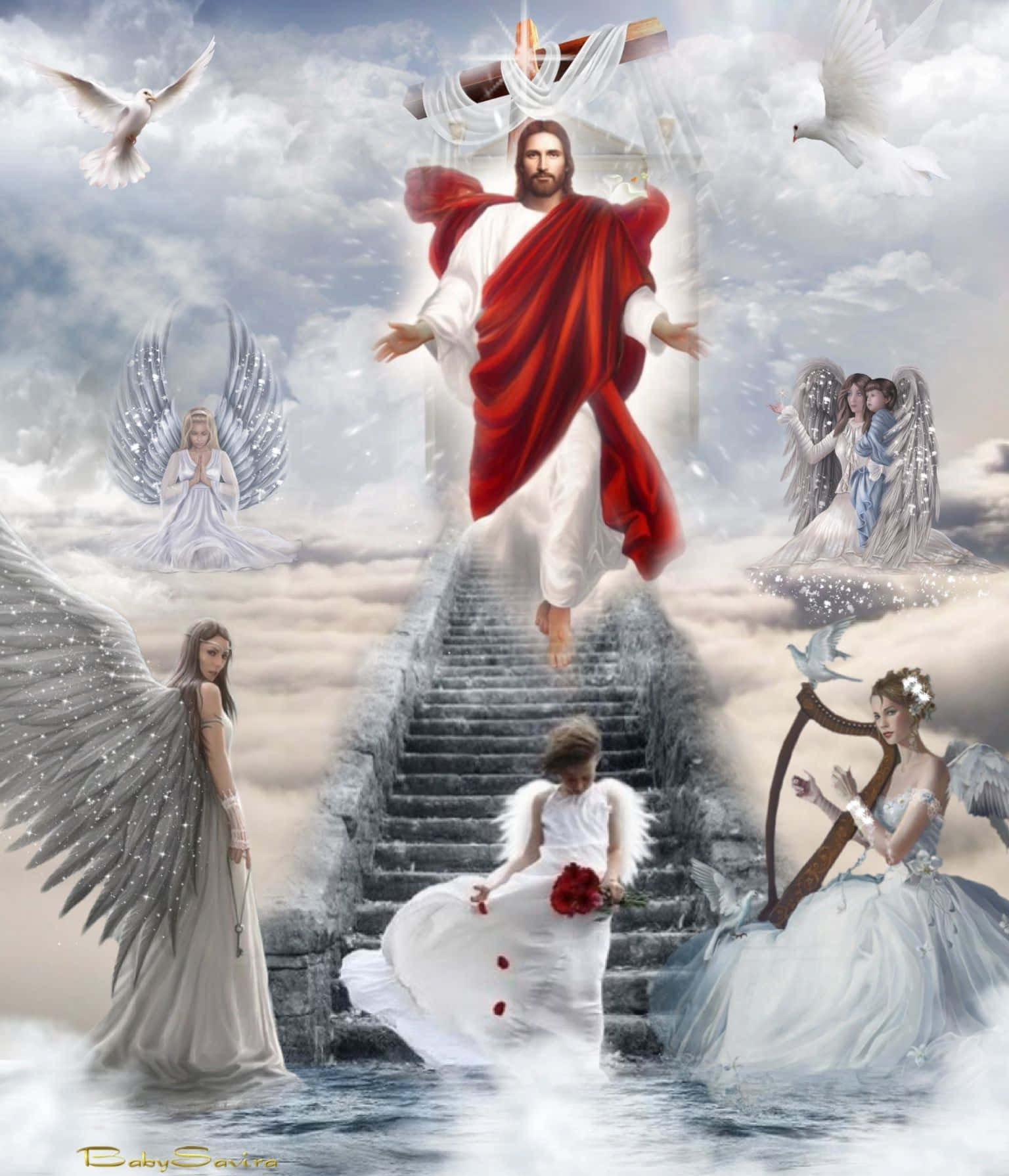 Jesus In Heaven With Angels Background