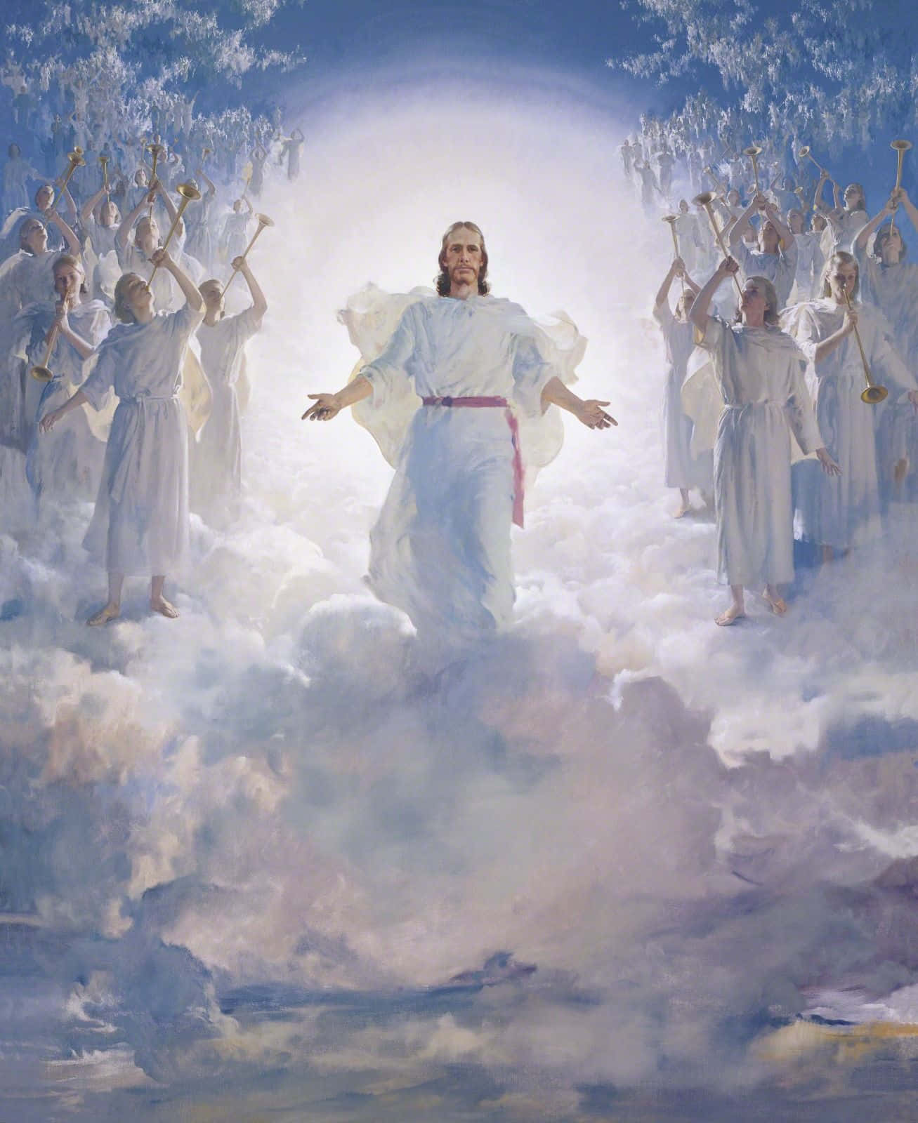 Jesus In Heaven With Angels Playing Trumpets Background