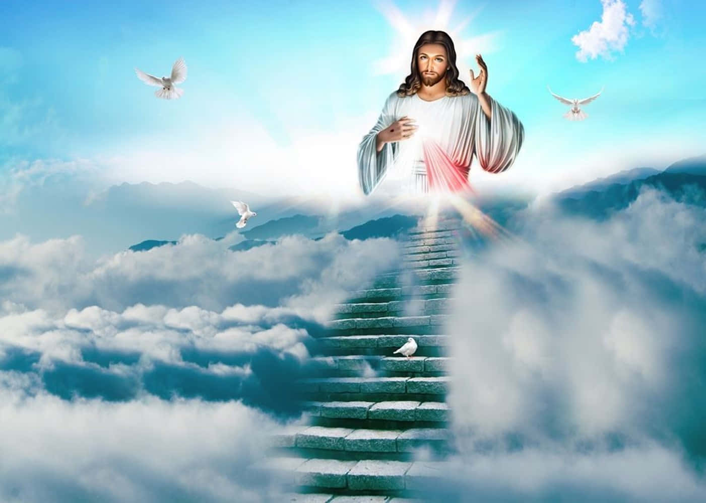 Jesus In Heaven With The Sacred Paradise Background