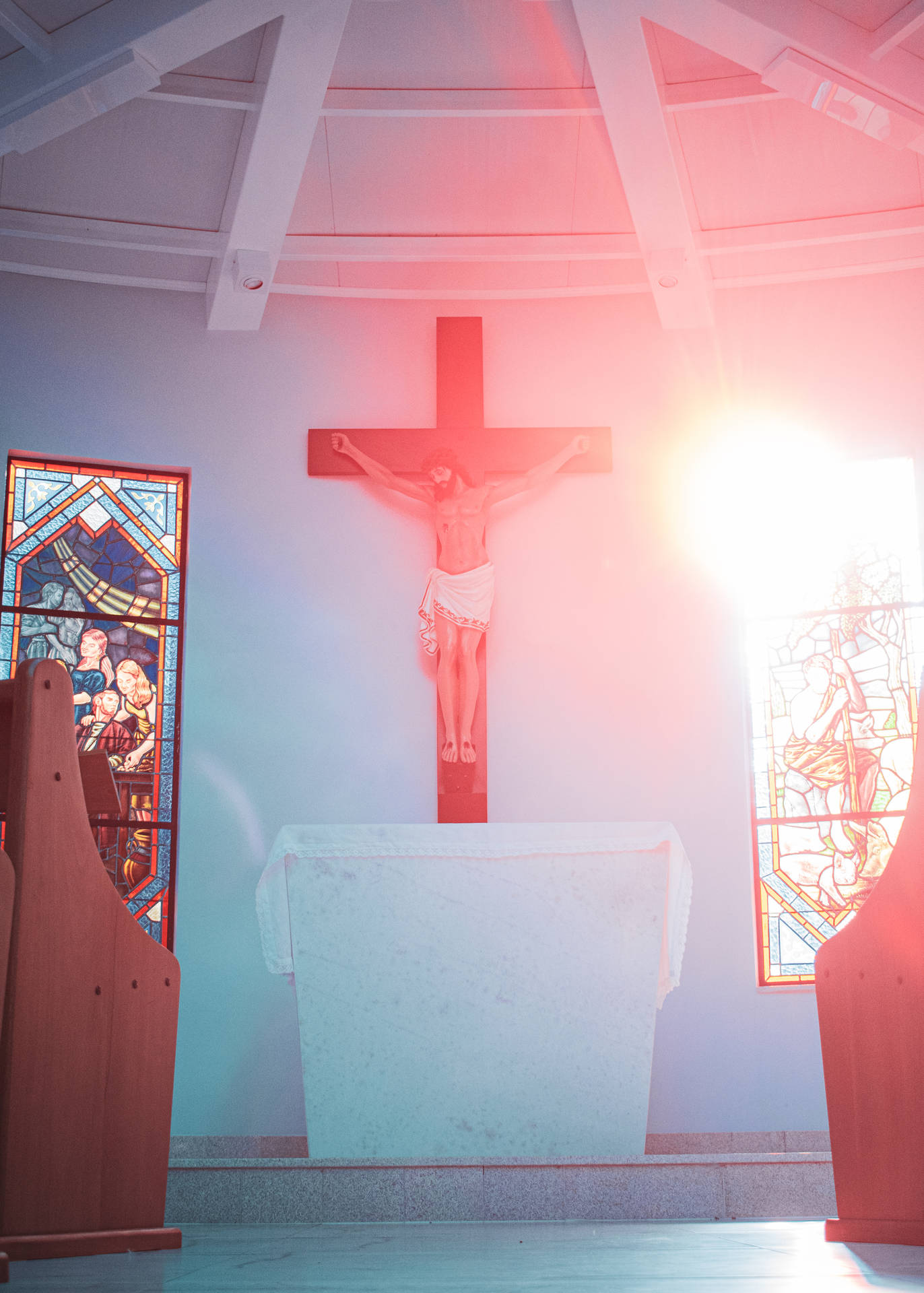 Jesus On Cross Inside A Chapel Background