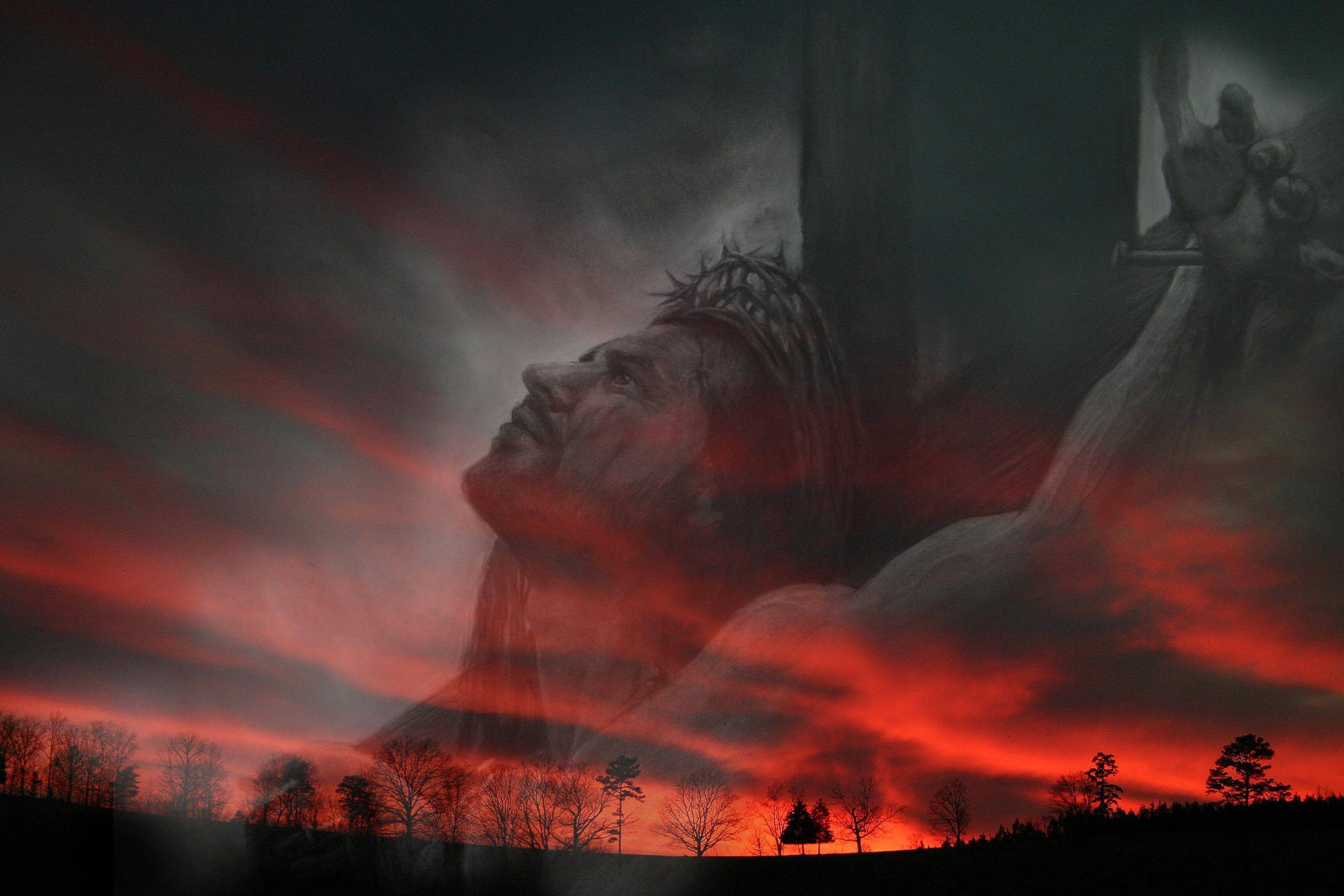 Jesus On Cross Over Landscape Artwork Background