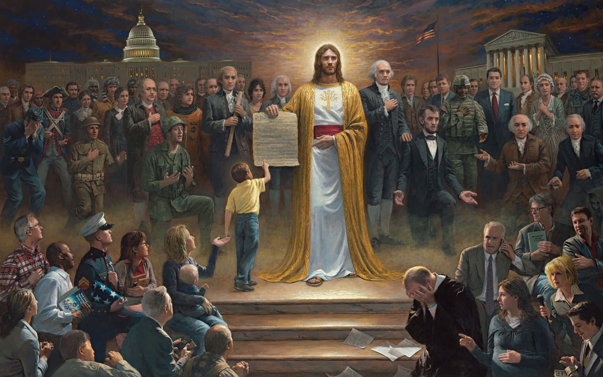 Jesus Standing In Front Of A Crowd Of People Background