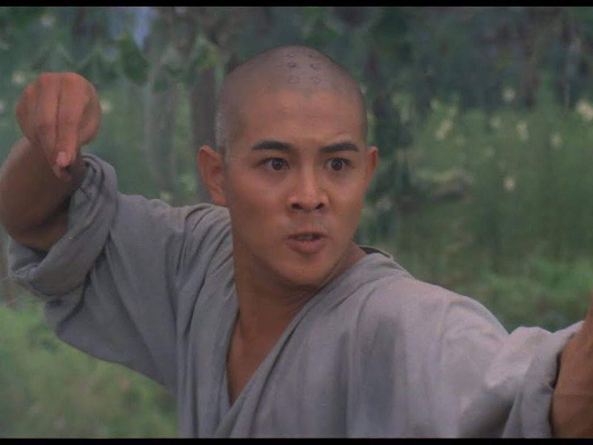 Jet Li Demonstrating Powerful Kung Fu Moves In Shaolin Temple. Background