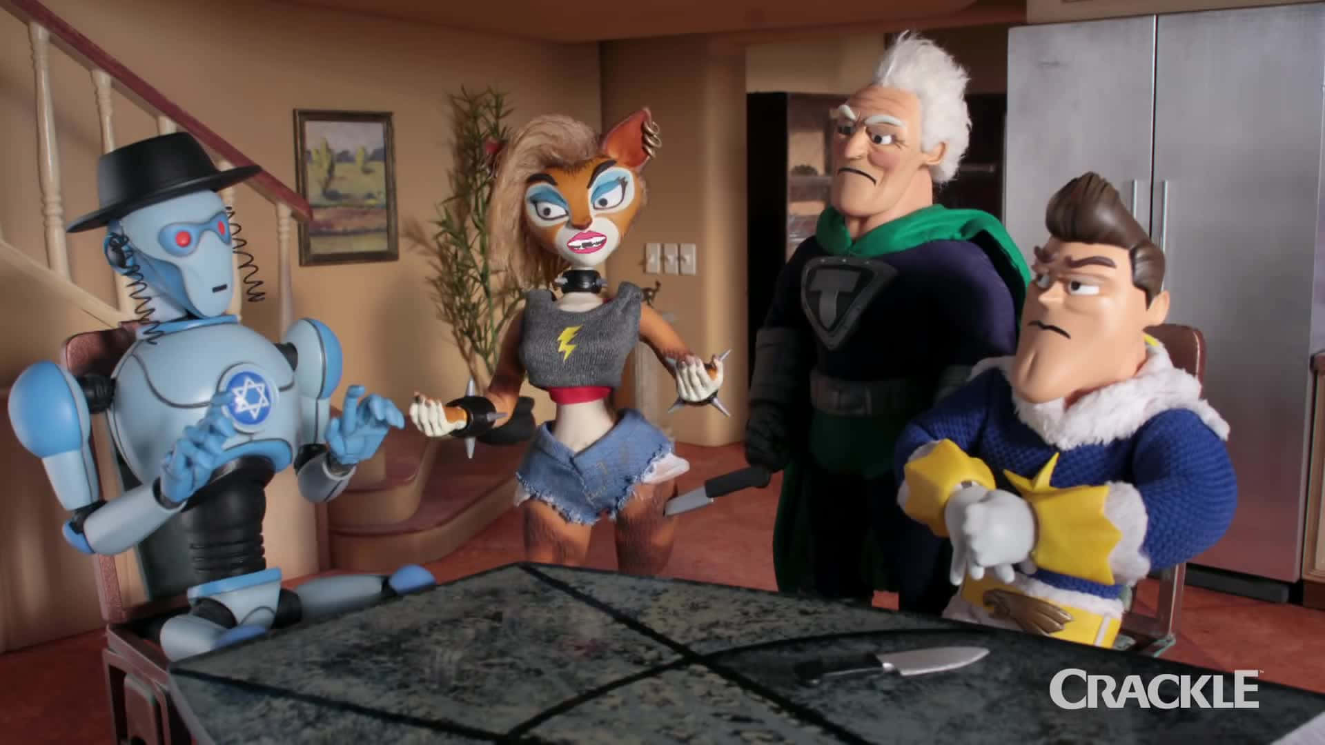 Jewbot With Superheroes In Supermansion Background