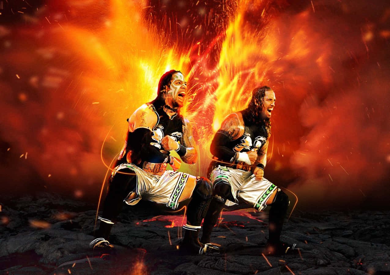 Jey Uso And Jimmy Uso On Fire Background