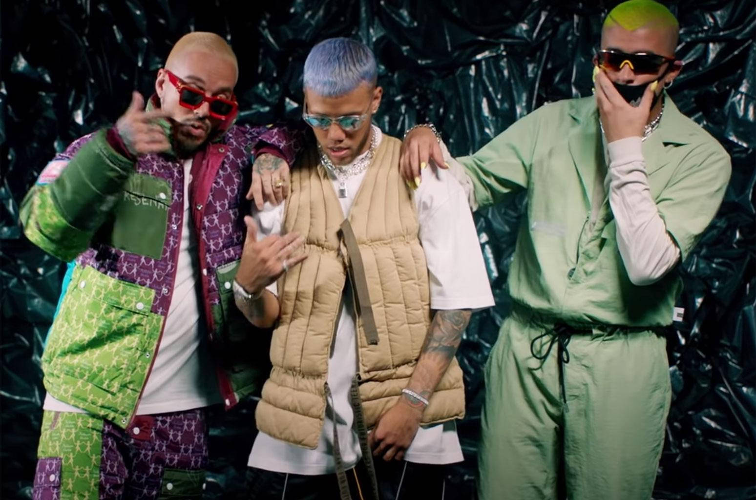 Jhay Cortez, J Balvin, And Bad Bunny Posing Together For A Photoshoot