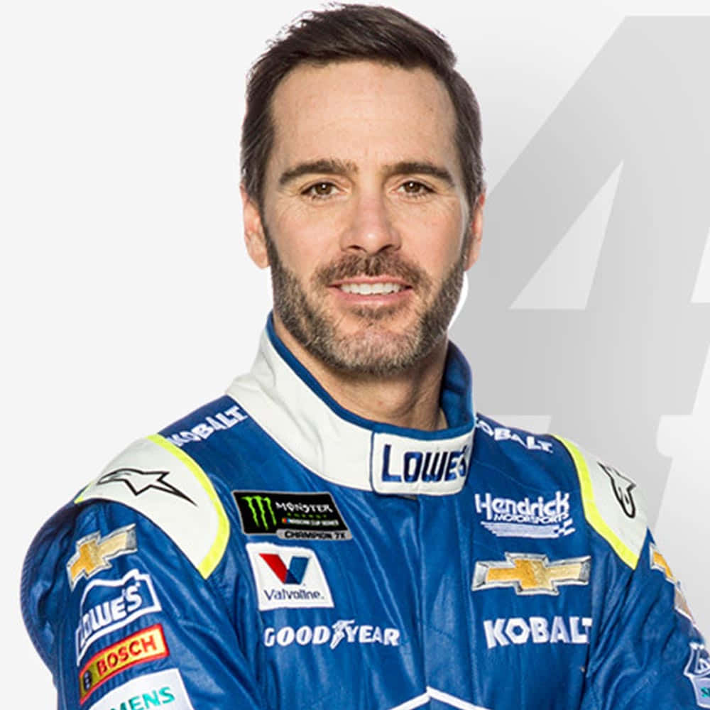 Jimmie Johnson Posing Next To His Nascar Race Car Background