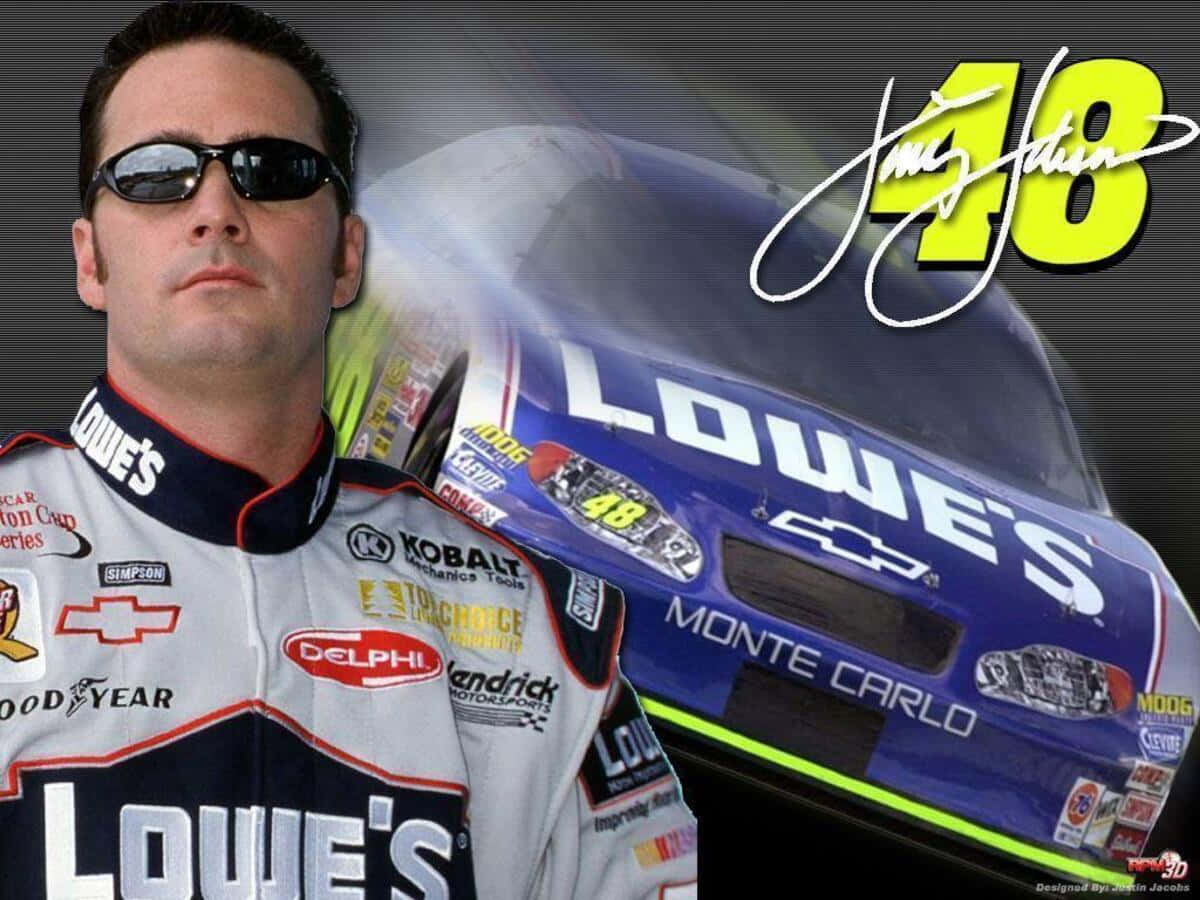 Jimmie Johnson Standing Victorious Beside His Nascar Race Car Background