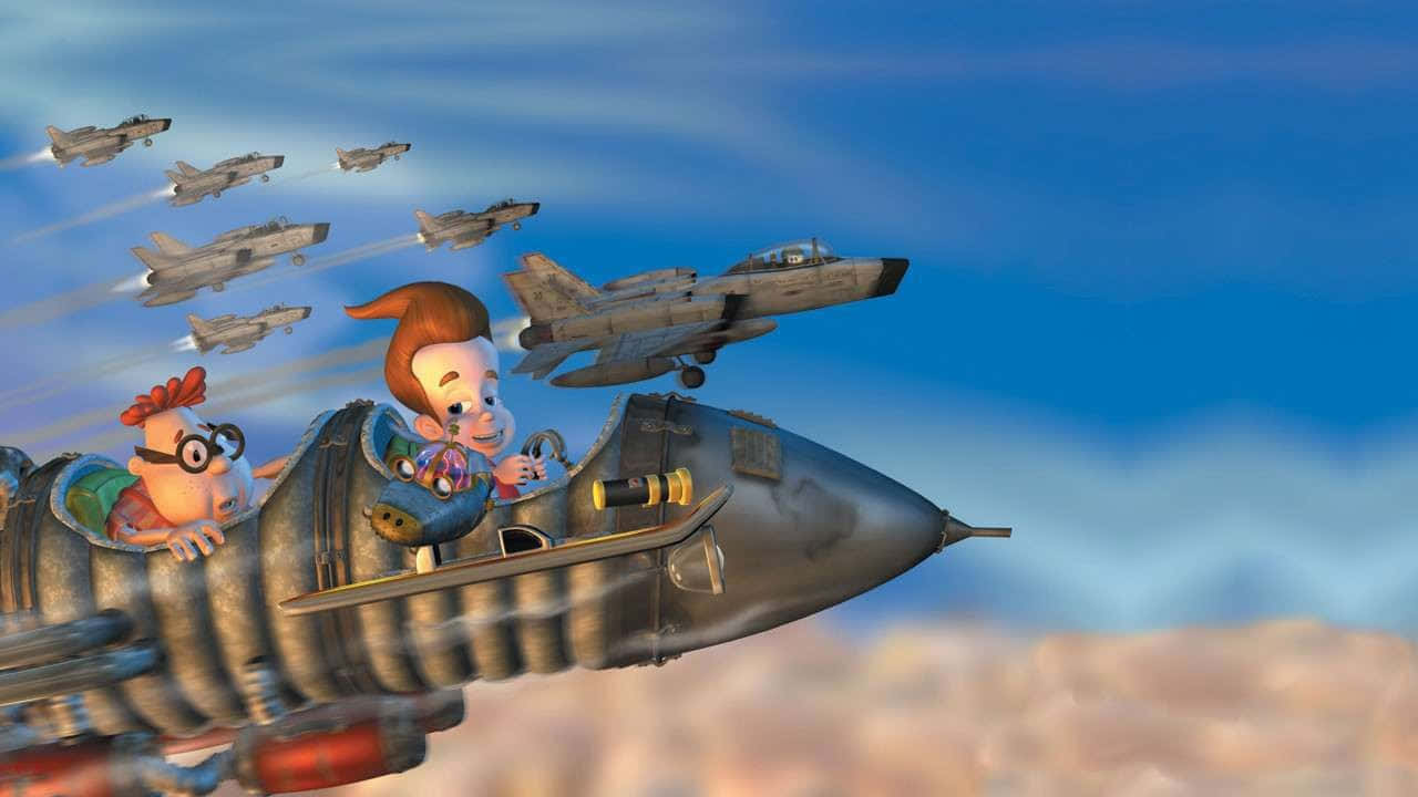 Jimmy Neutron Boy Genius Flying With Fighter Jets Background