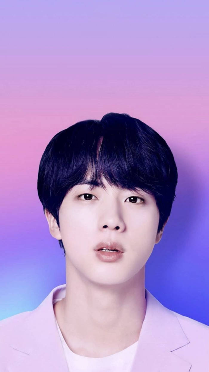 Jin Bts Cute Black Hair Blue And Pink Background