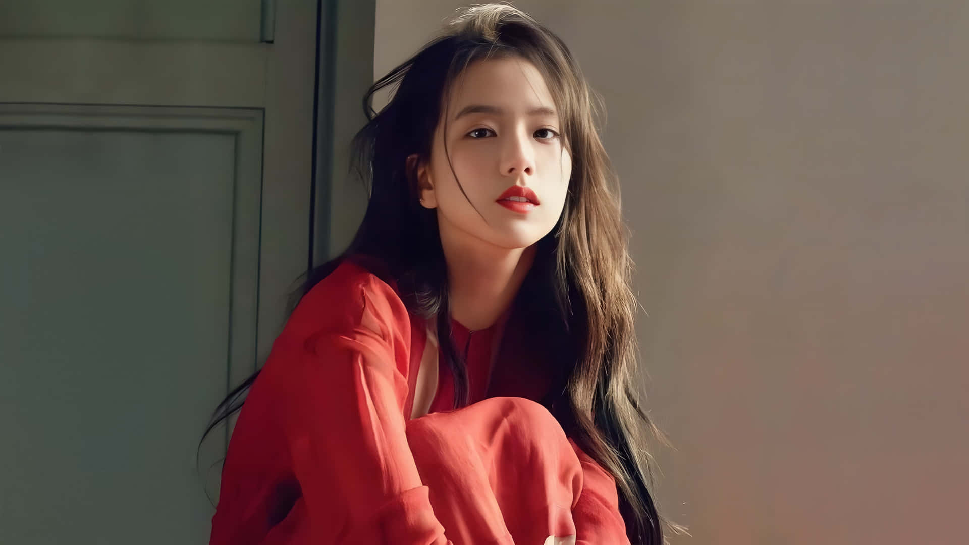 Jisoo Blackpink Elegant Red Dress Background