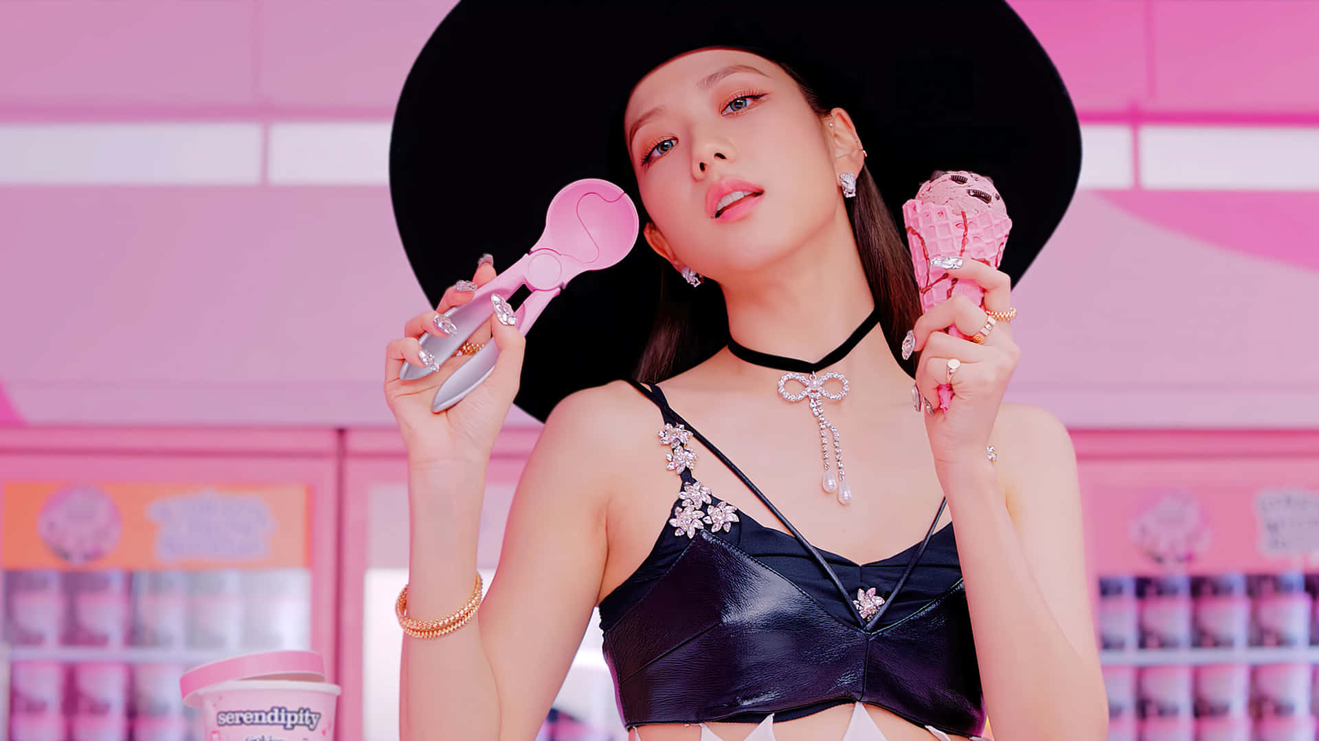 Jisoo Blackpink Ice Cream Black Outfit Background