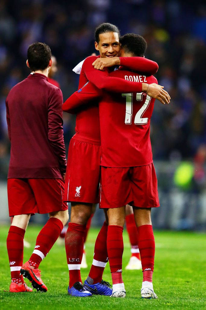 Joe Gomez Hugging Virgil Van Dijk Background