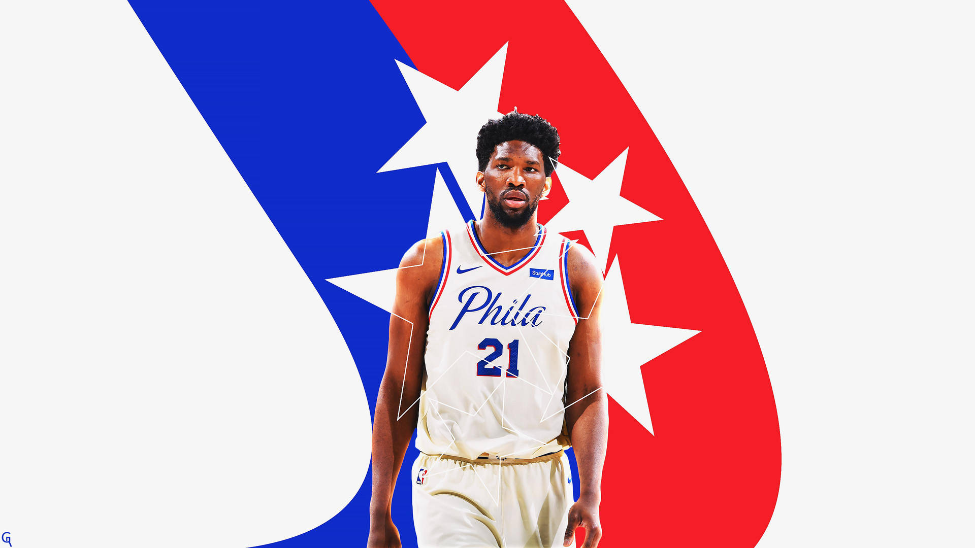 Joel Embiid White Red Blue Background