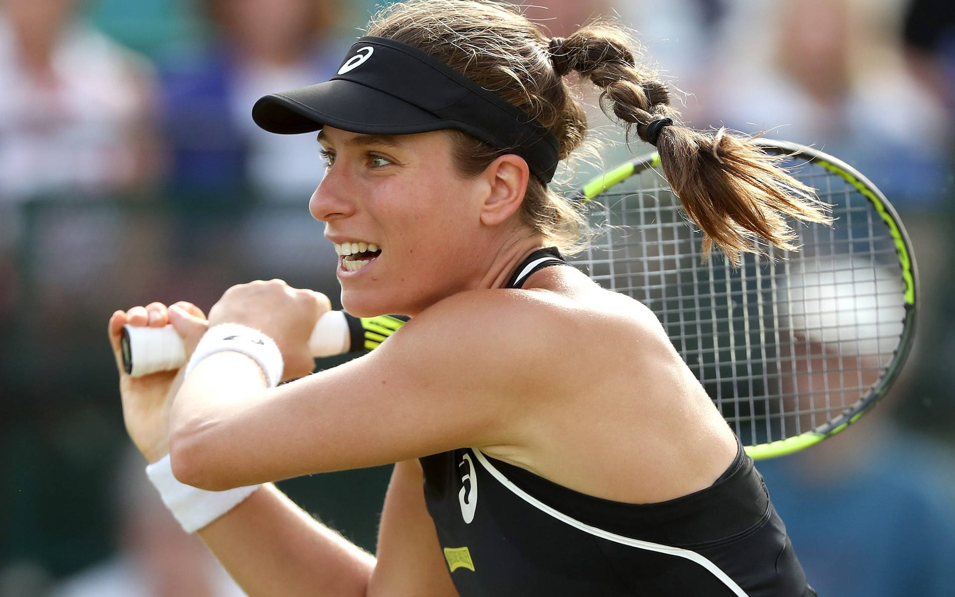 Johanna Konta Racket Over Shoulder Background