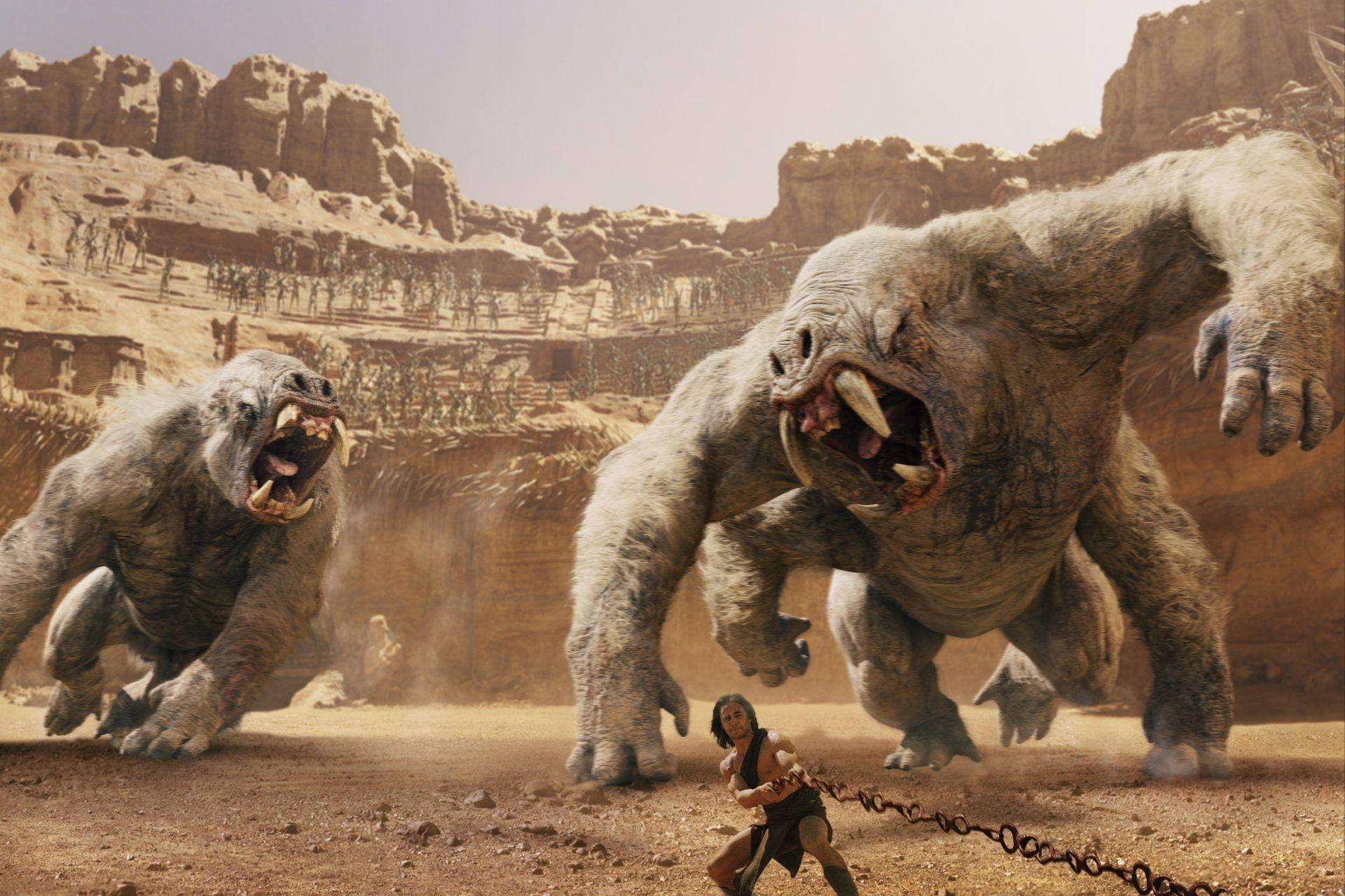 John Carter Confronting Huge Primates In A Mysterious World Background