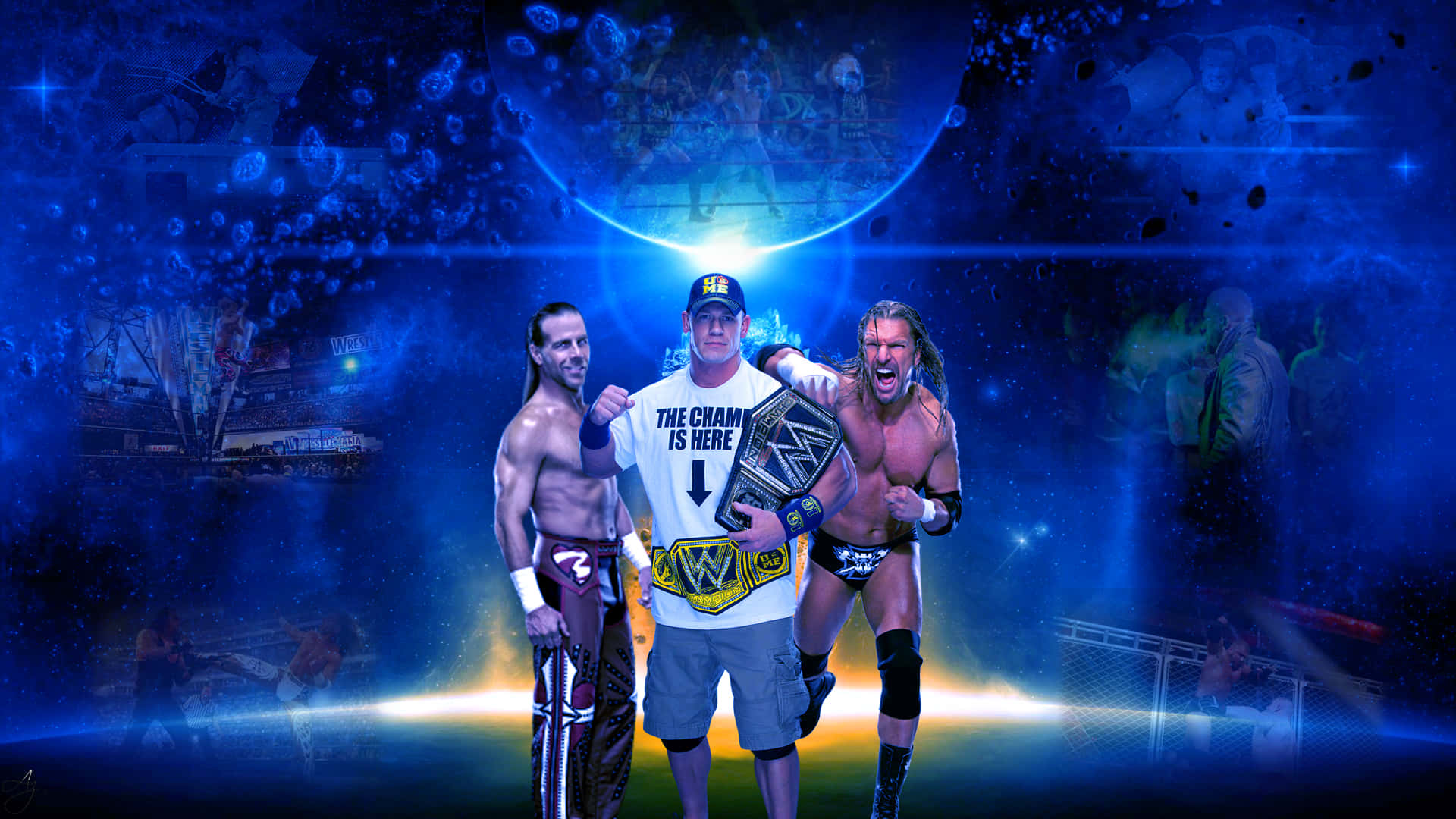 John Cena With Triple H And Shawn Michaels Background