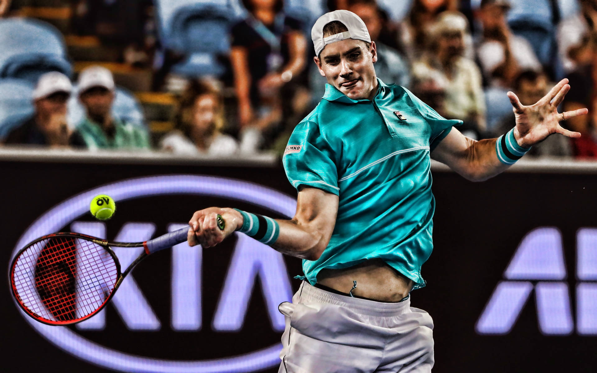 John Isner In Action On Tennis Court Background