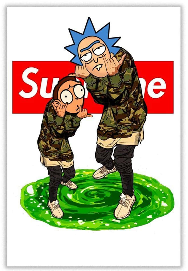 Join Rick And Morty As They Explore The Multiverse Wearing Supreme Background