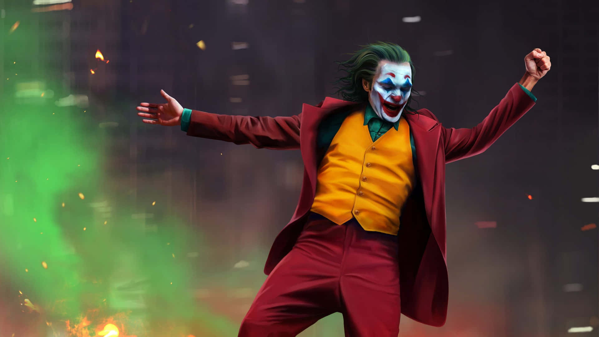 Joker Acting Suit In Front Of City Background