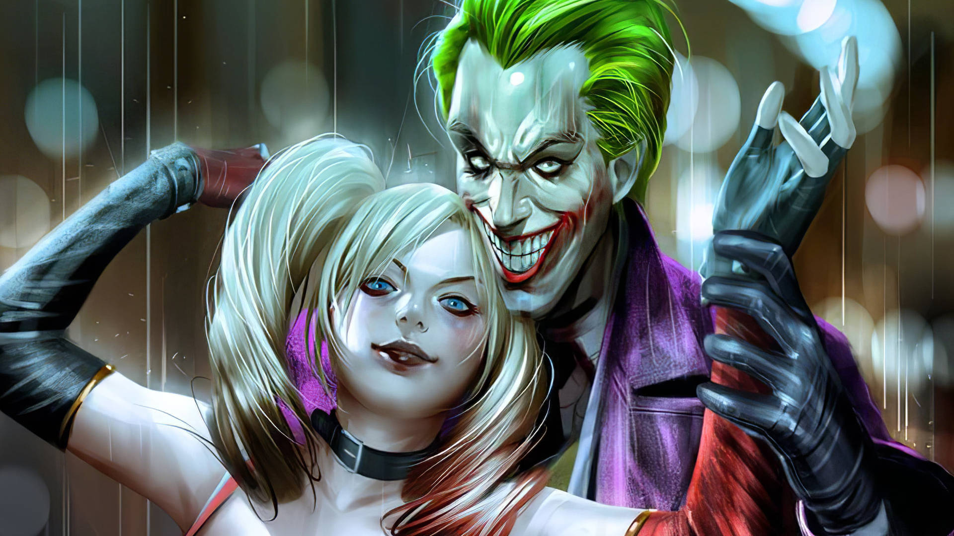 Joker And Harley Quinn Raining Background