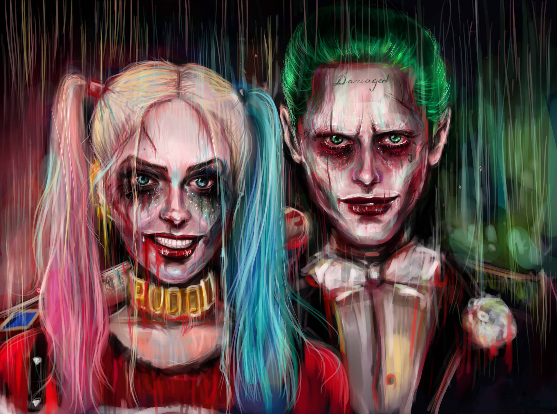 Joker And Harley Quinn Runny Colors Background