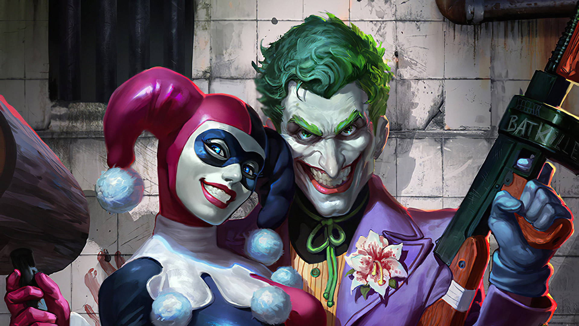 Joker And Harley Quinn With Weapons Background