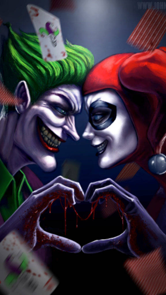 Joker Phone Hand Heart With Harley Quinn Background