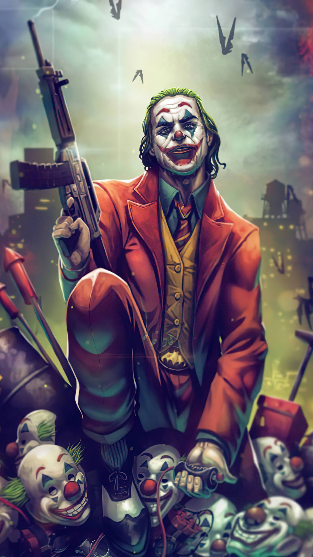 Joker Phone With Rifle And Clown Faces Background