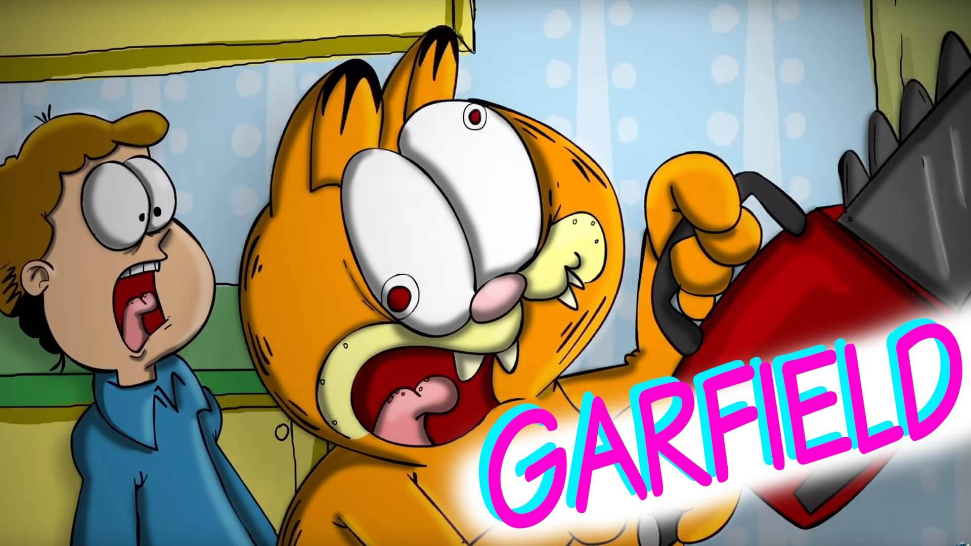 Jon And Garfield With Chainsaw Background
