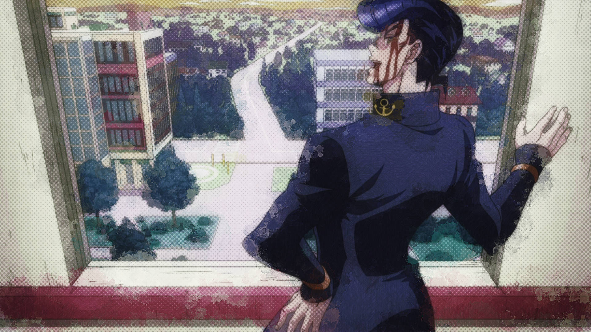Josuke Looking Out The Window Bruised Background