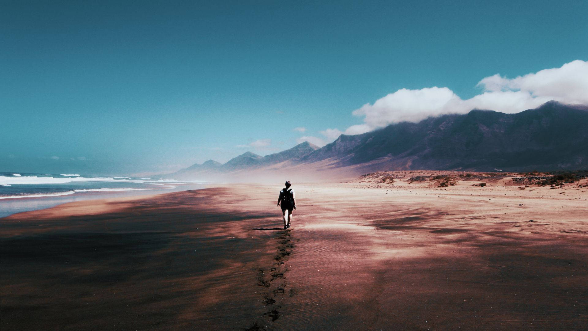 Journey Of A Girl Walking On The Beach Background