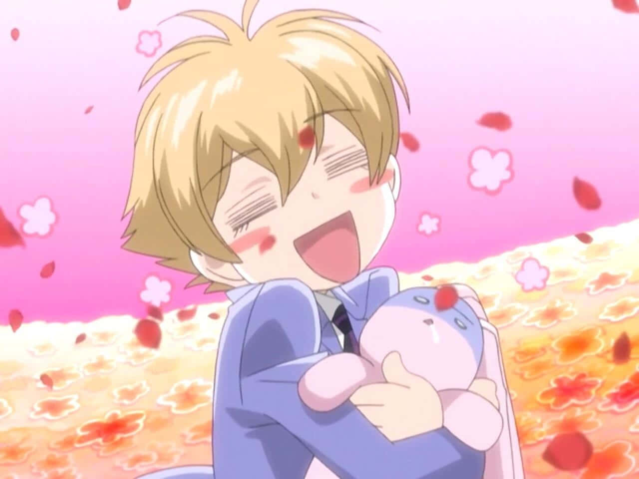 Joyful Anime Character Hugging Plush Background