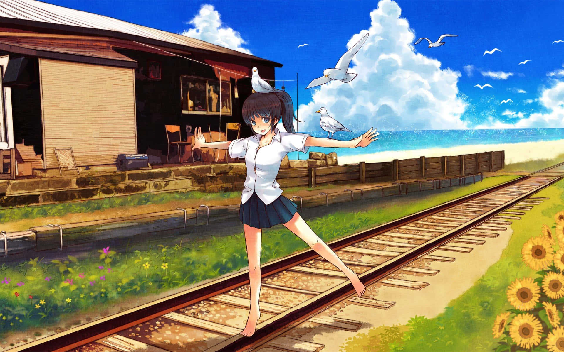 Joyful Anime Girlon Railroad Tracks Background