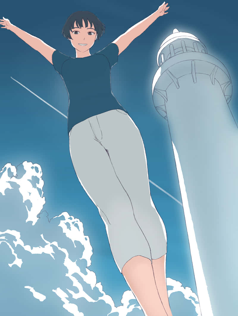 Joyful Character Leaping Beside Lighthouse Background