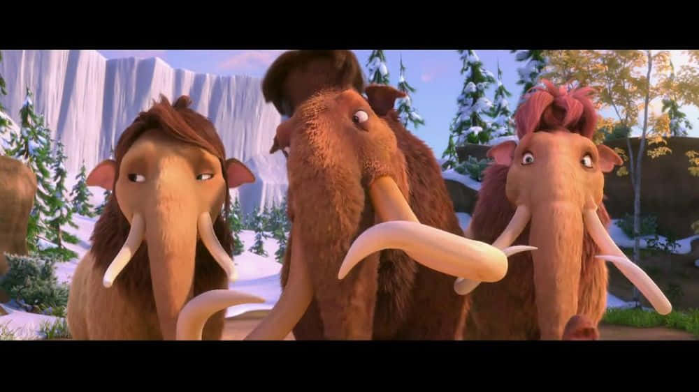 Joyful Mammoth Family In Ice Age Continental Drift Background